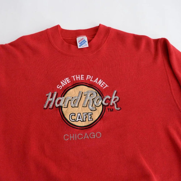 Vintage Jerzees Red Embroidered Hard Rock Chicago Crewneck Sweater XL - Picture 10 of 12